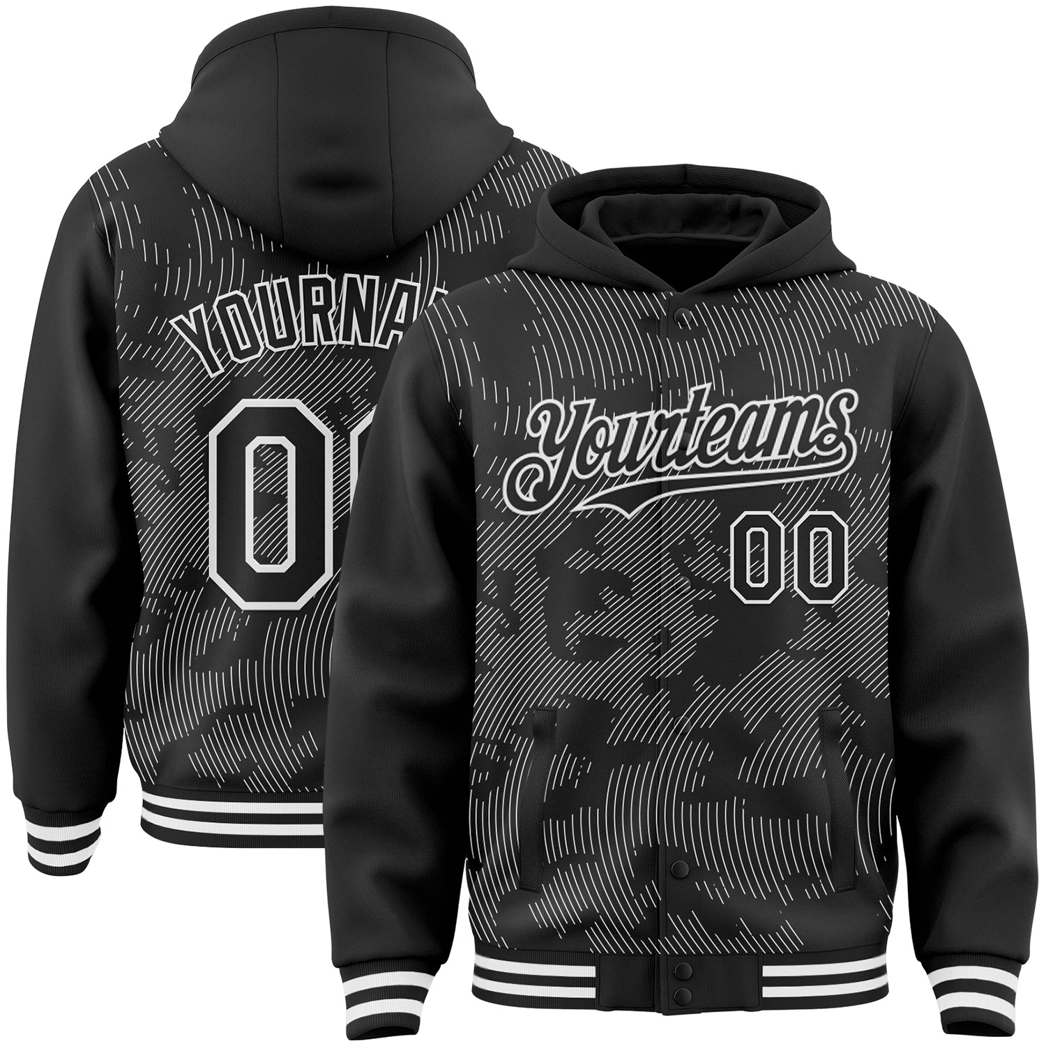 Custom Black White Curve Lines Bomber Full-Snap Varsity Letterman Hoodie Jacket - Main View