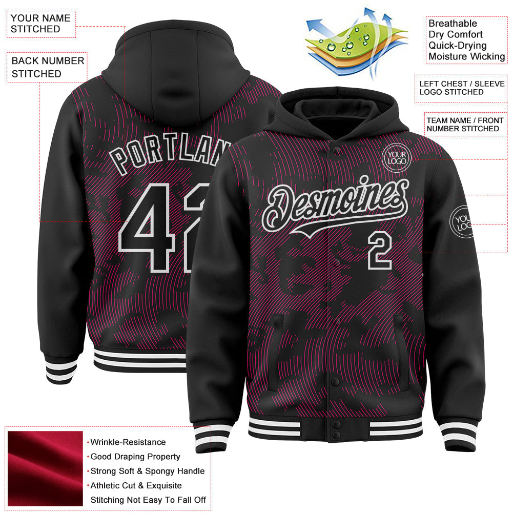 Custom Black Hot Pink-White Curve Lines Bomber Full-Snap Varsity Letterman Hoodie Jacket view 4