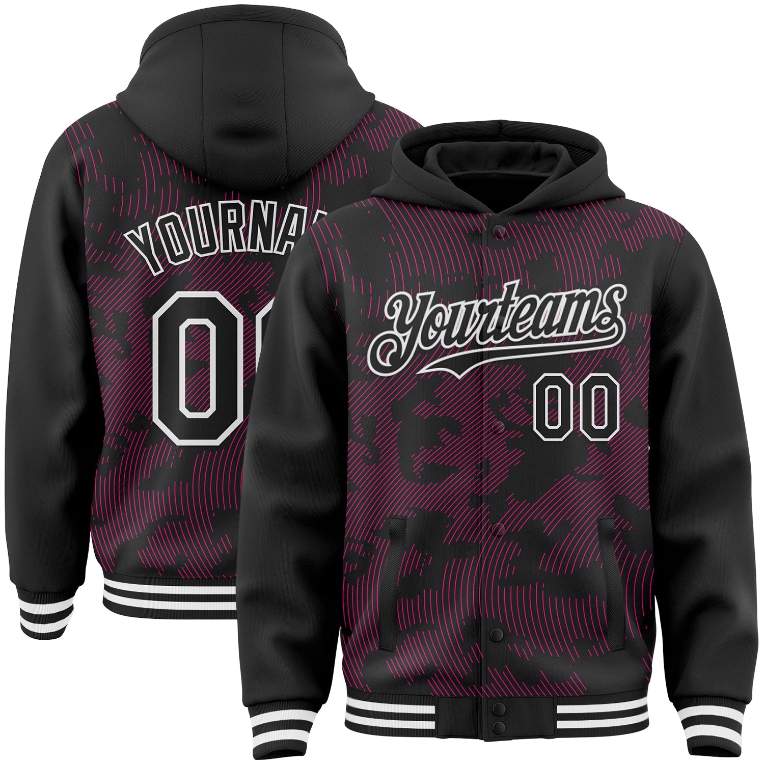 Custom Black Hot Pink-White Curve Lines Bomber Full-Snap Varsity Letterman Hoodie Jacket - Main View