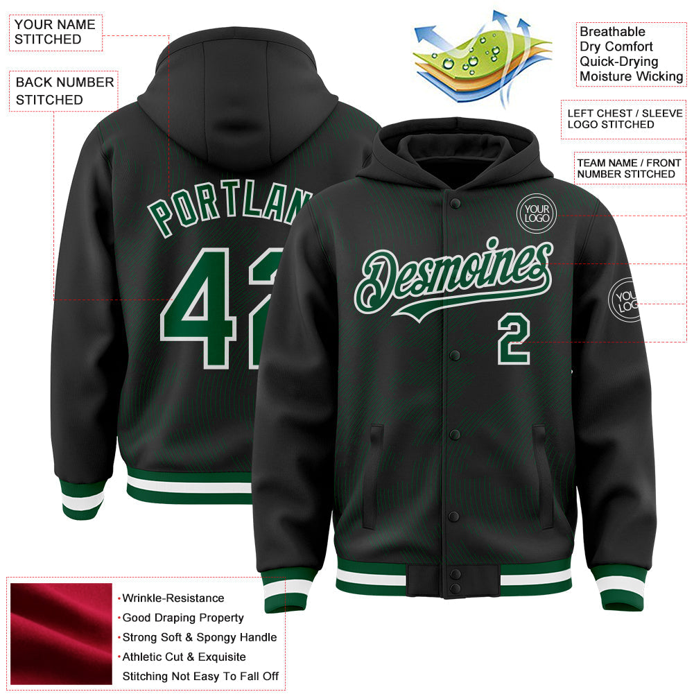Custom Black Kelly Green-White Curve Lines Bomber Full-Snap Varsity Letterman Hoodie Jacket view 4