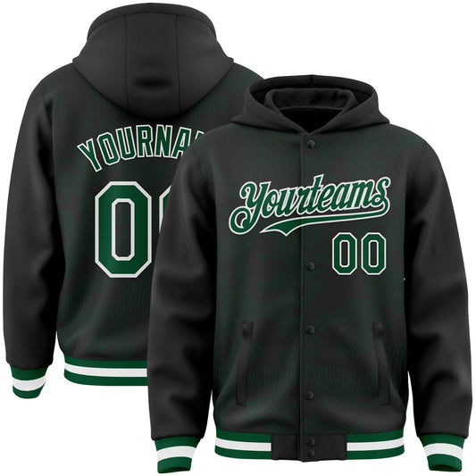 Custom Black Kelly Green-White Curve Lines Bomber Full-Snap Varsity Letterman Hoodie Jacket - Main View