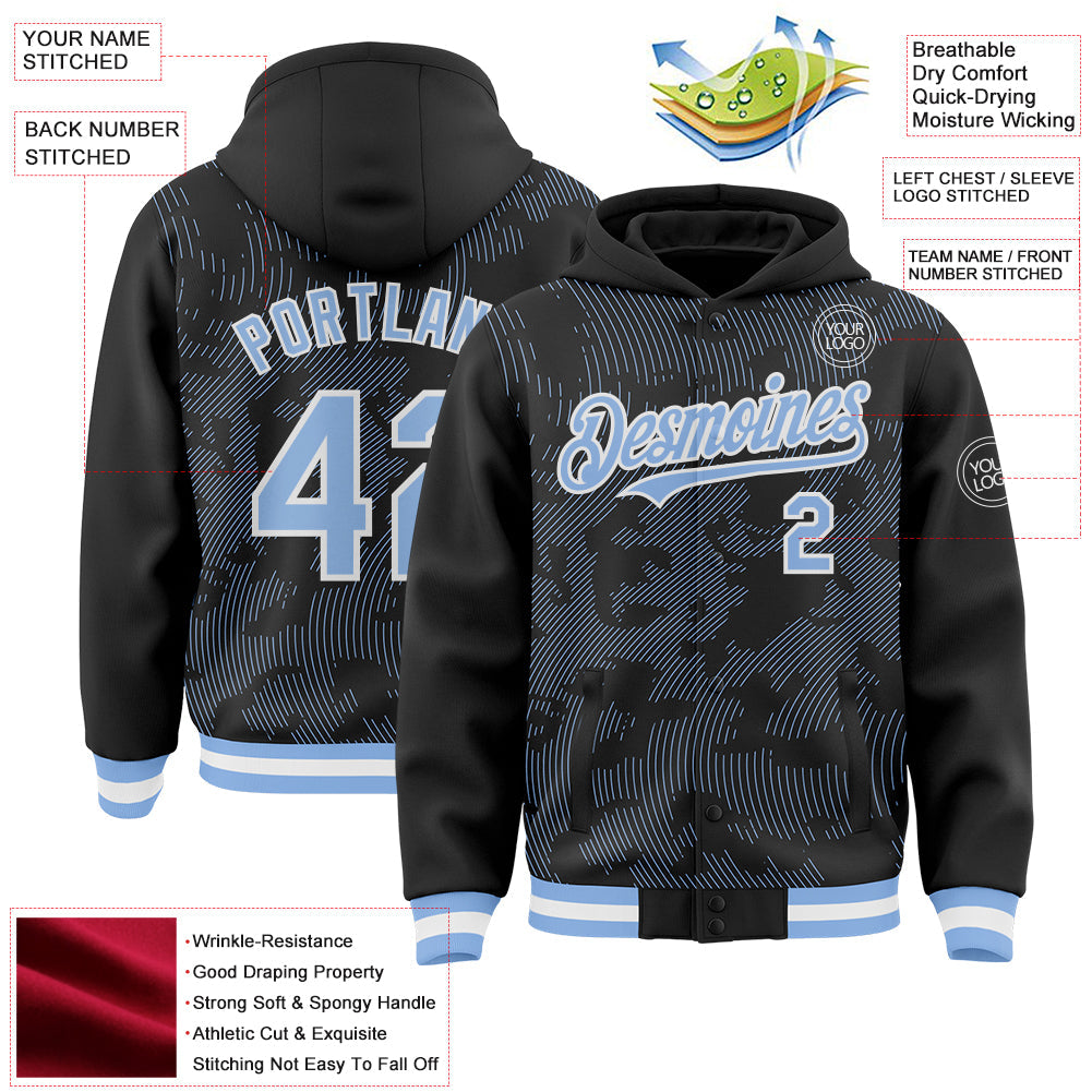 Custom Black Light Blue-White Curve Lines Bomber Full-Snap Varsity Letterman Hoodie Jacket view 4