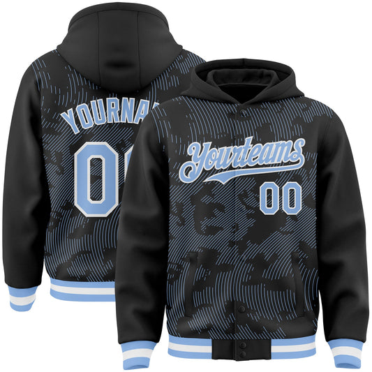 Custom Black Light Blue-White Curve Lines Bomber Full-Snap Varsity Letterman Hoodie Jacket - Main View
