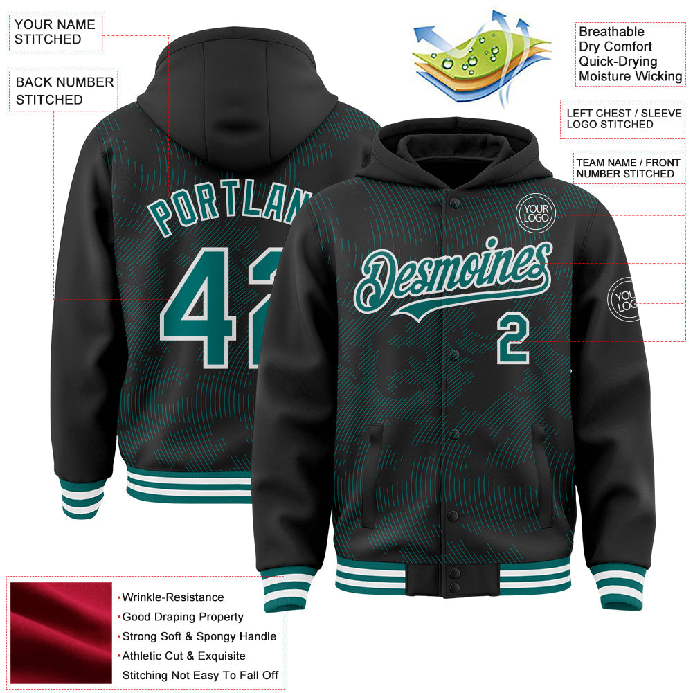 Custom Black Teal-White Curve Lines Bomber Full-Snap Varsity Letterman Hoodie Jacket view 4