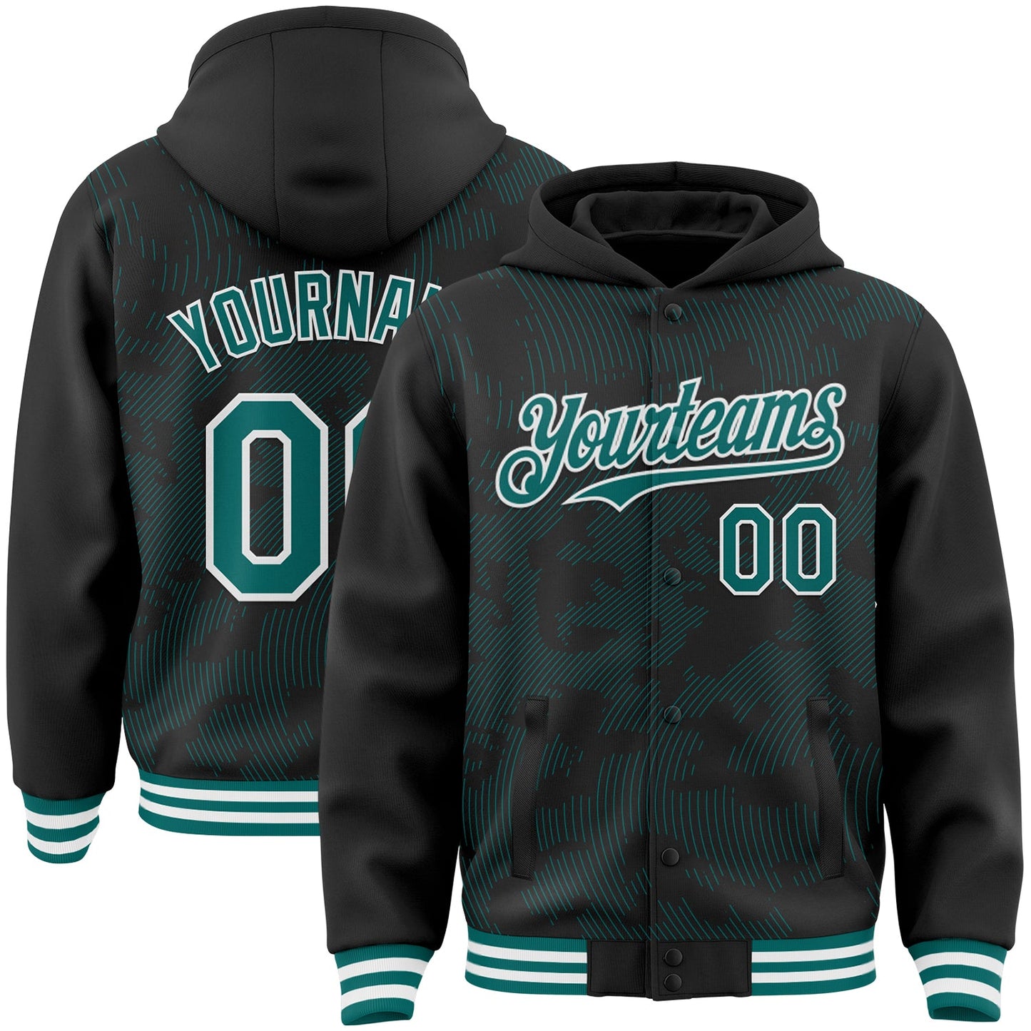 Custom Black Teal-White Curve Lines Bomber Full-Snap Varsity Letterman Hoodie Jacket - Main View