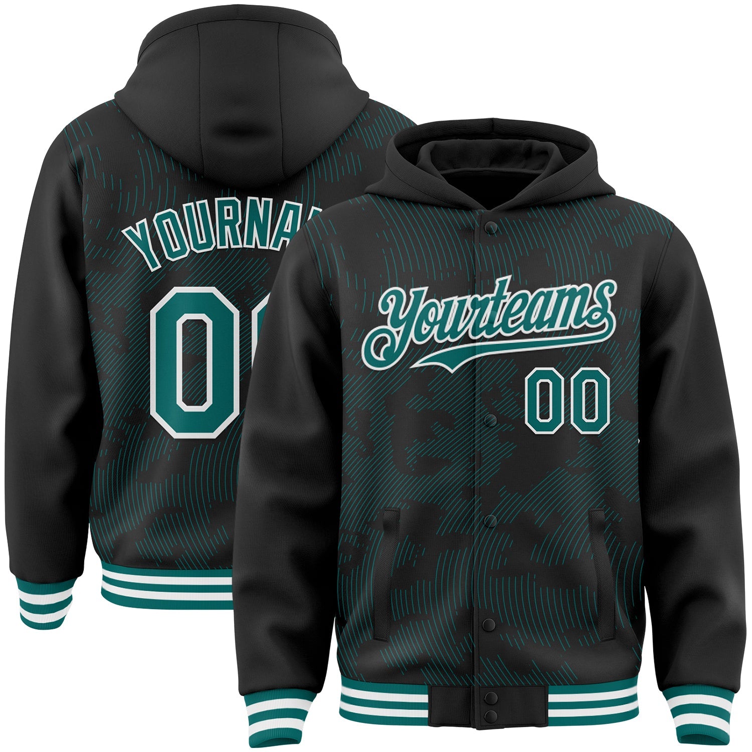 Custom Black Teal-White Curve Lines Bomber Full-Snap Varsity Letterman Hoodie Jacket - Main View