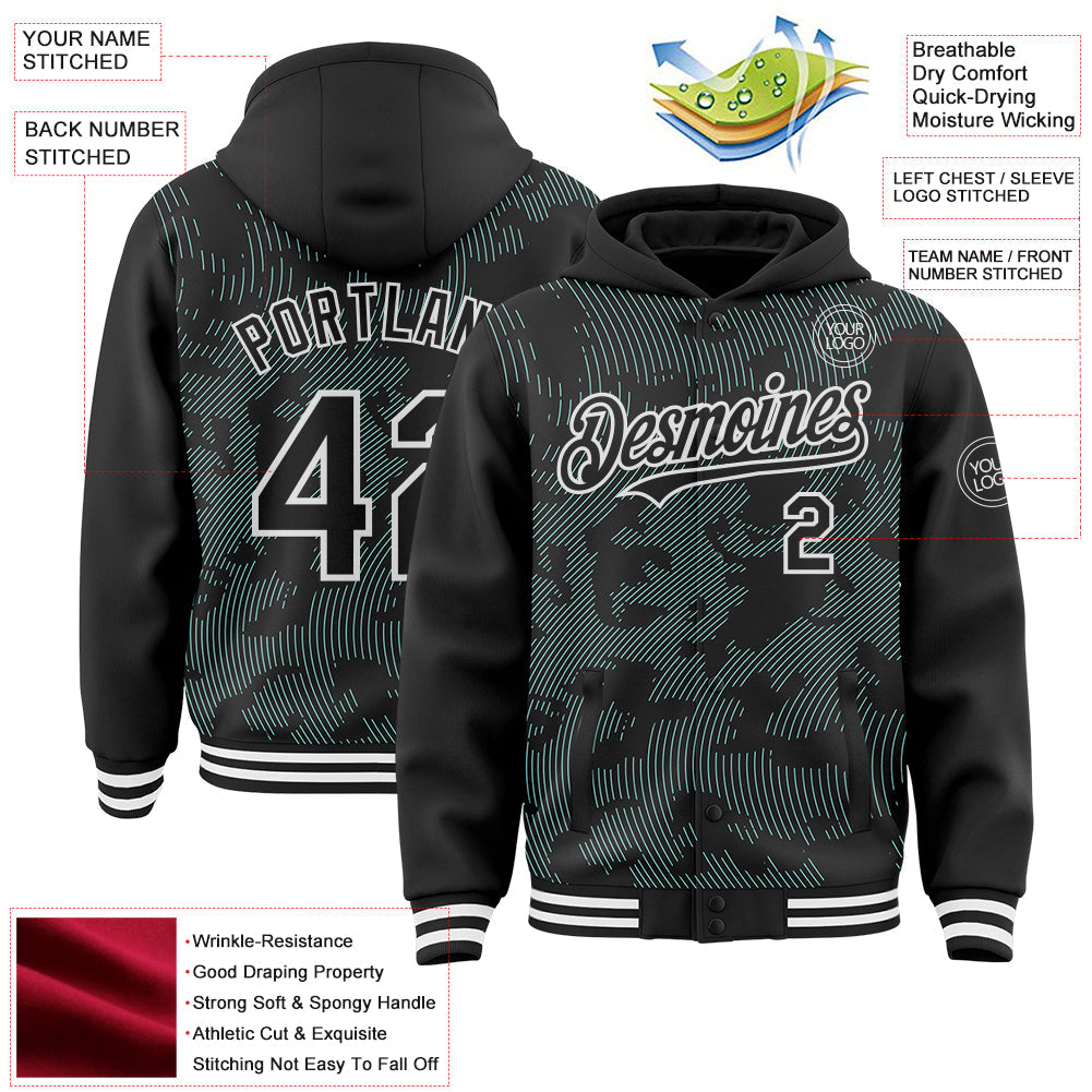 Custom Black Ice Blue-White Curve Lines Bomber Full-Snap Varsity Letterman Hoodie Jacket view 4