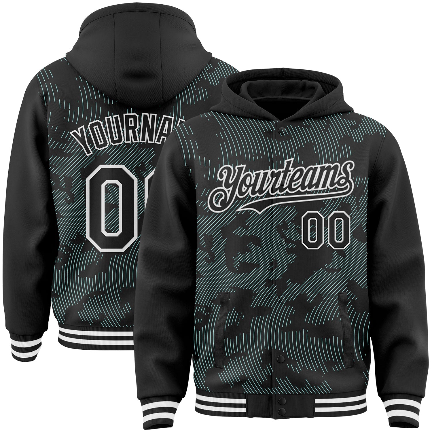 Custom Black Ice Blue-White Curve Lines Bomber Full-Snap Varsity Letterman Hoodie Jacket - Main View