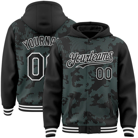 Custom Black Ice Blue-White Curve Lines Bomber Full-Snap Varsity Letterman Hoodie Jacket - Main View