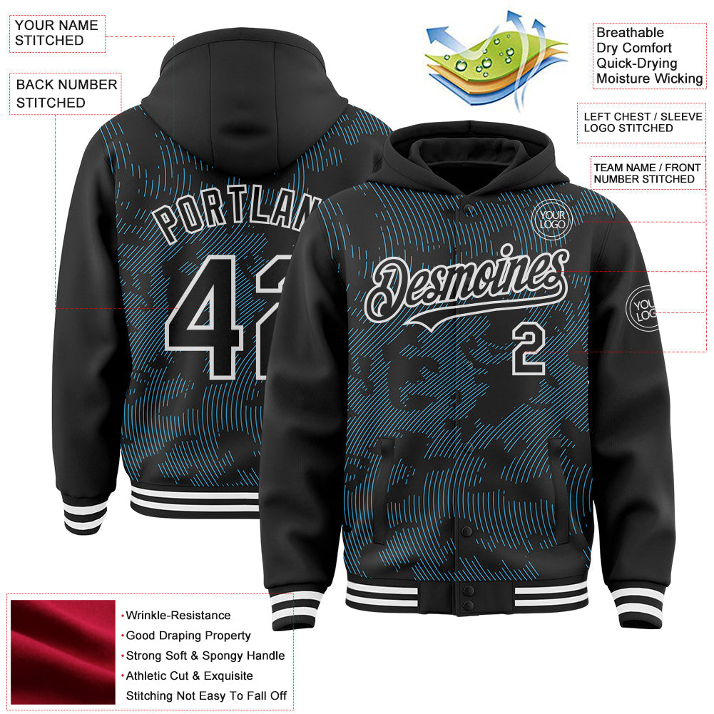 Custom Black Sky Blue-White Curve Lines Bomber Full-Snap Varsity Letterman Hoodie Jacket view 4