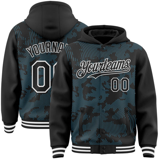 Custom Black Sky Blue-White Curve Lines Bomber Full-Snap Varsity Letterman Hoodie Jacket - Main View