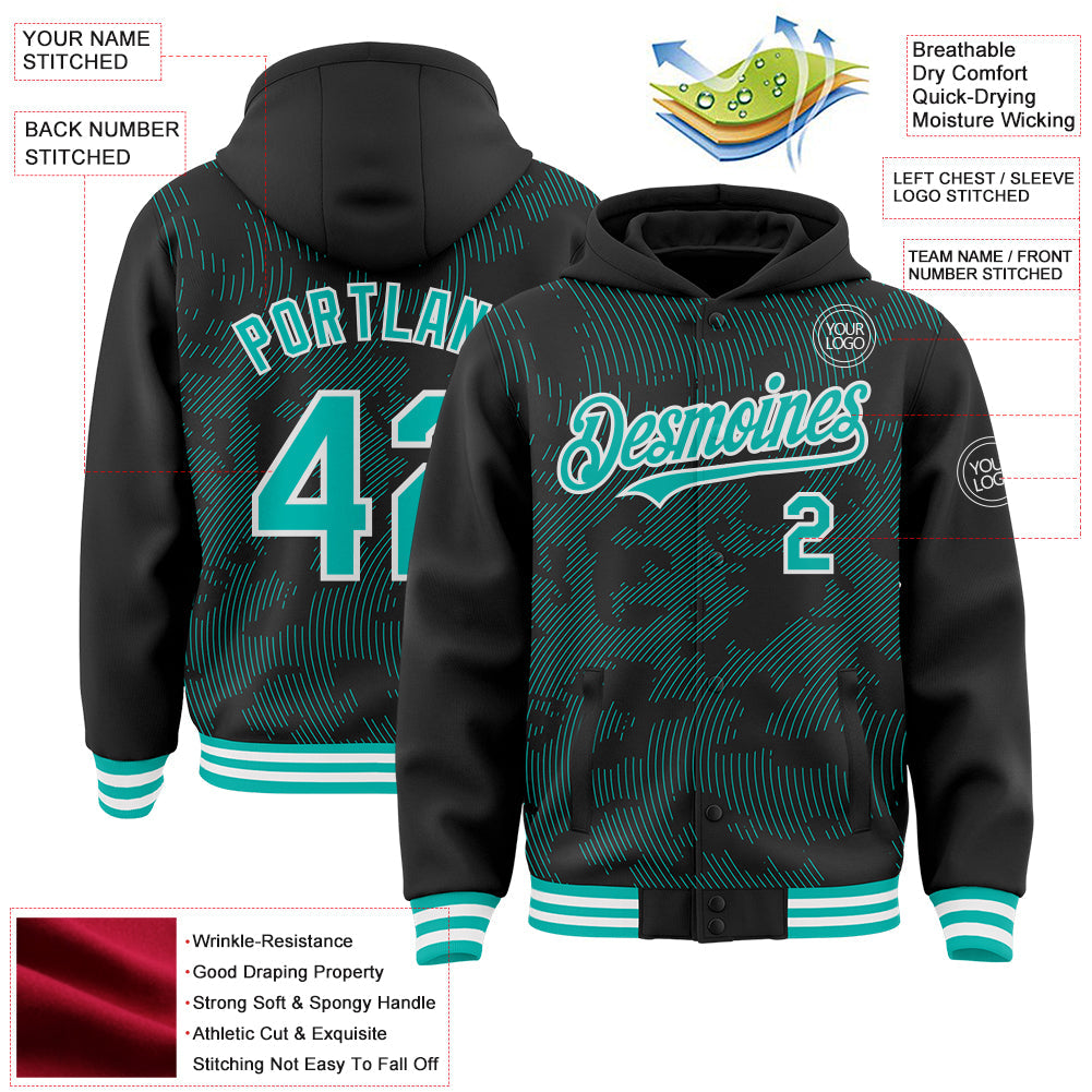Custom Black Aqua-White Curve Lines Bomber Full-Snap Varsity Letterman Hoodie Jacket view 4