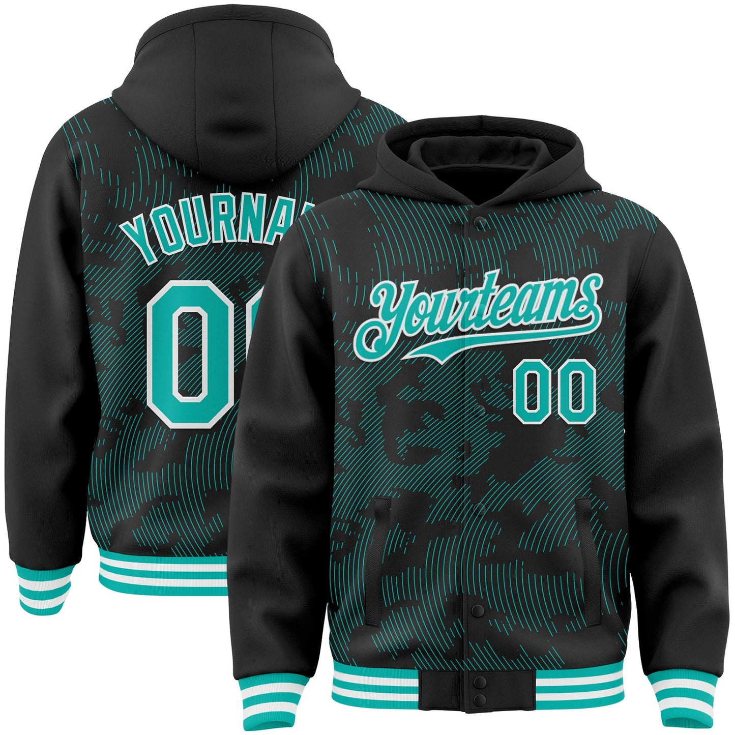 Custom Black Aqua-White Curve Lines Bomber Full-Snap Varsity Letterman Hoodie Jacket - Main View
