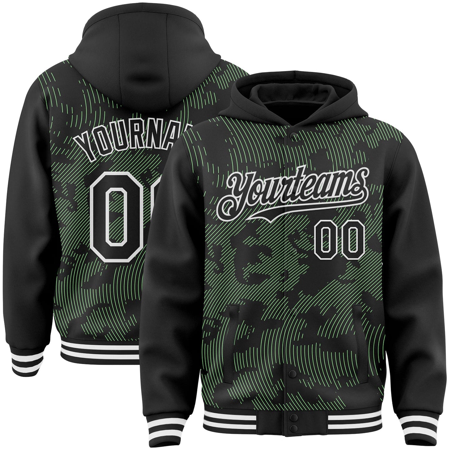 Custom Black Pea Green-White Curve Lines Bomber Full-Snap Varsity Letterman Hoodie Jacket - Main View