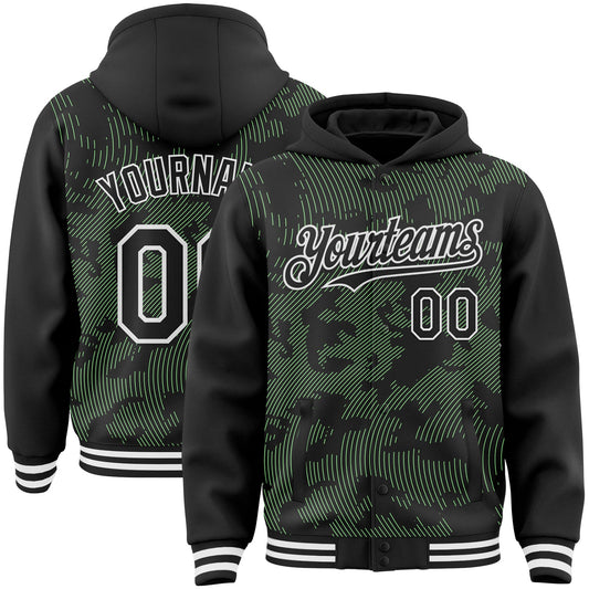 Custom Black Pea Green-White Curve Lines Bomber Full-Snap Varsity Letterman Hoodie Jacket - Main View