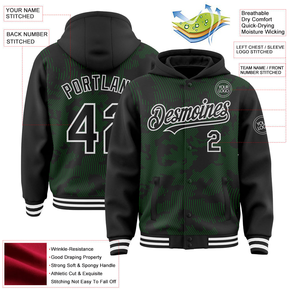 Custom Black Grass Green-White Curve Lines Bomber Full-Snap Varsity Letterman Hoodie Jacket view 4