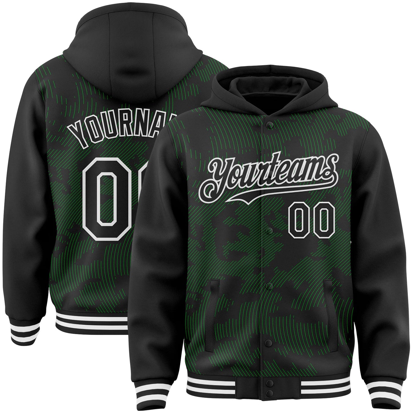 Custom Black Grass Green-White Curve Lines Bomber Full-Snap Varsity Letterman Hoodie Jacket - Main View