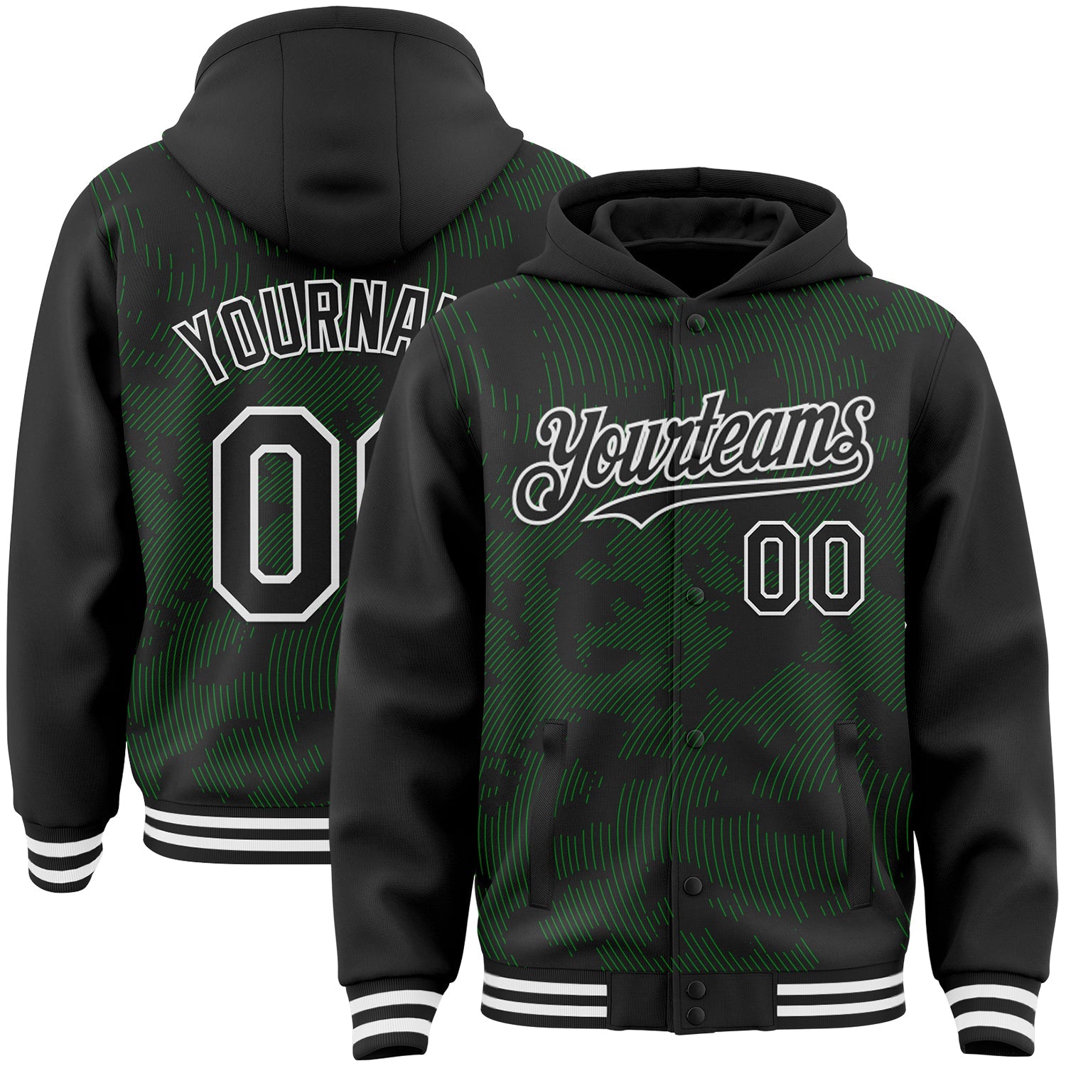 Custom Black Grass Green-White Curve Lines Bomber Full-Snap Varsity Letterman Hoodie Jacket - Main View