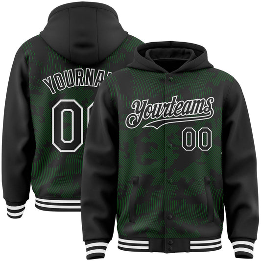Custom Black Grass Green-White Curve Lines Bomber Full-Snap Varsity Letterman Hoodie Jacket - Main View