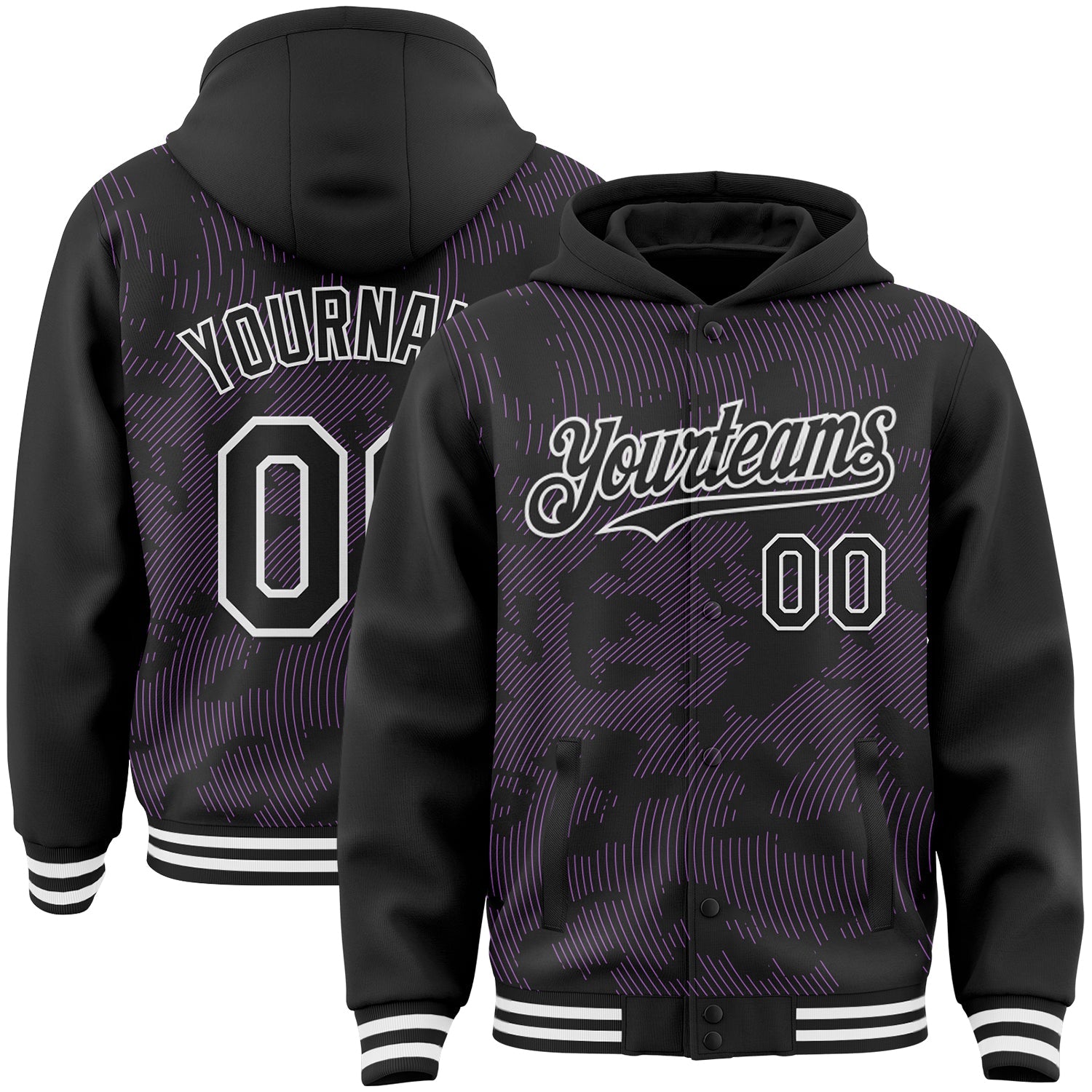 Custom Black Medium Purple-White Curve Lines Bomber Full-Snap Varsity Letterman Hoodie Jacket - Main View