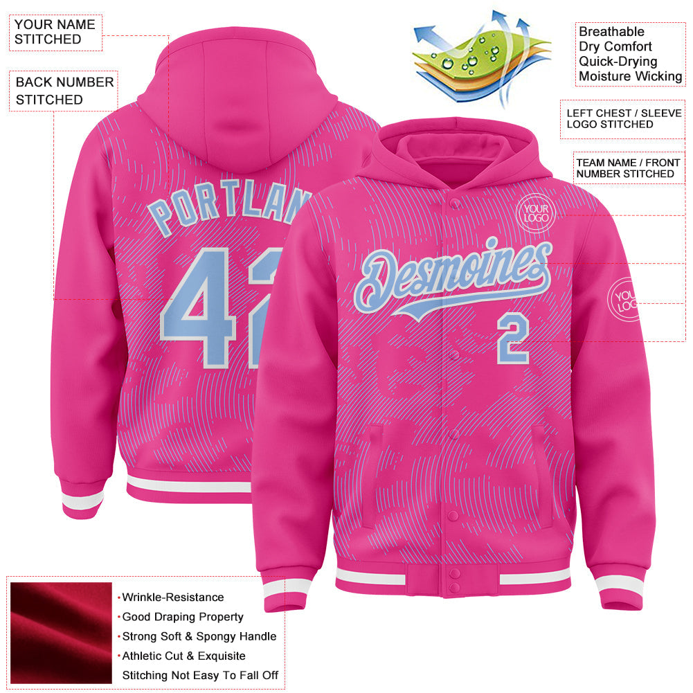 Custom Pink Light Blue-White Curve Lines Bomber Full-Snap Varsity Letterman Hoodie Jacket view 4