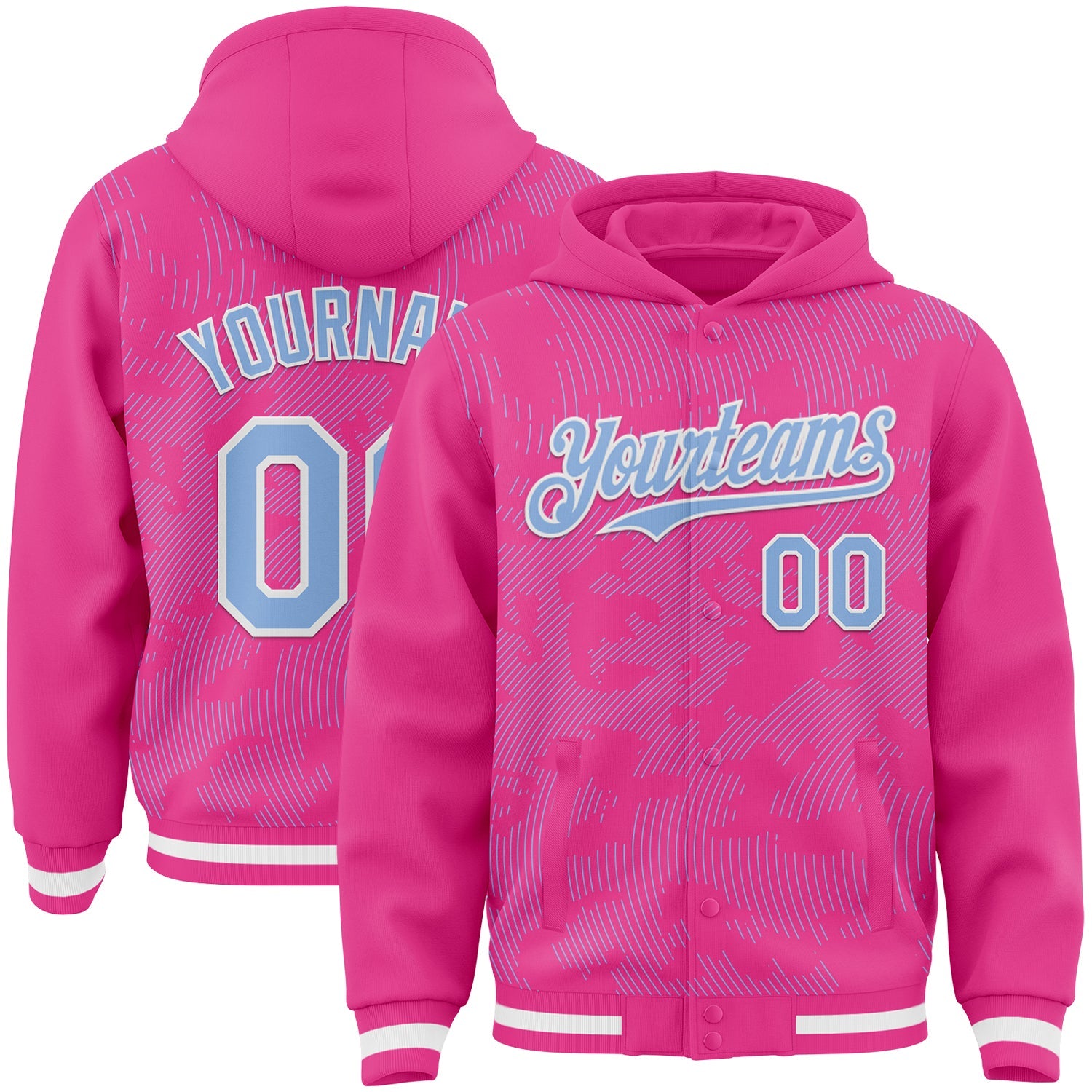 Custom Pink Light Blue-White Curve Lines Bomber Full-Snap Varsity Letterman Hoodie Jacket - Main View