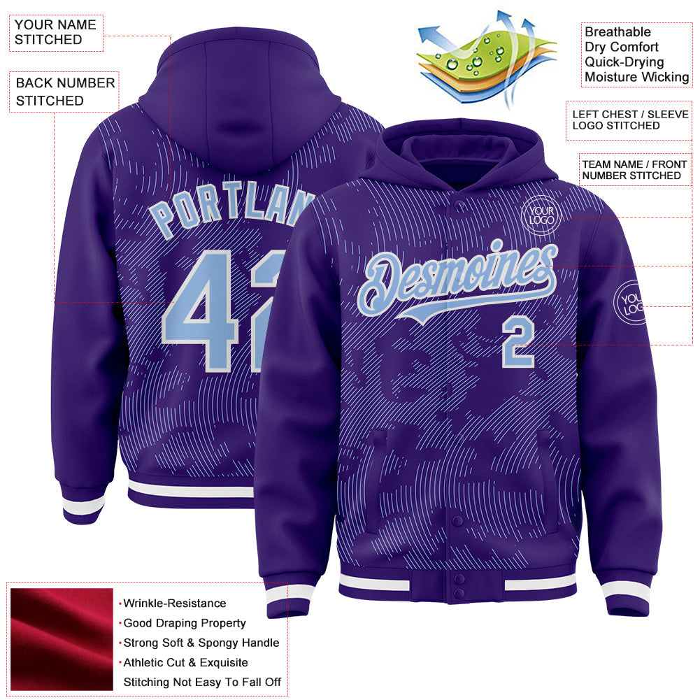Custom Purple Light Blue-White Curve Lines Bomber Full-Snap Varsity Letterman Hoodie Jacket view 4