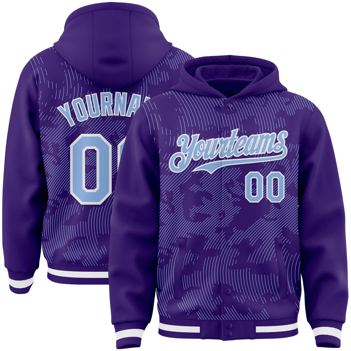 Custom Purple Light Blue-White Curve Lines Bomber Full-Snap Varsity Letterman Hoodie Jacket - Main View