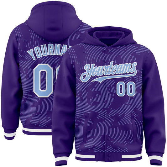 Custom Purple Light Blue-White Curve Lines Bomber Full-Snap Varsity Letterman Hoodie Jacket - Main View