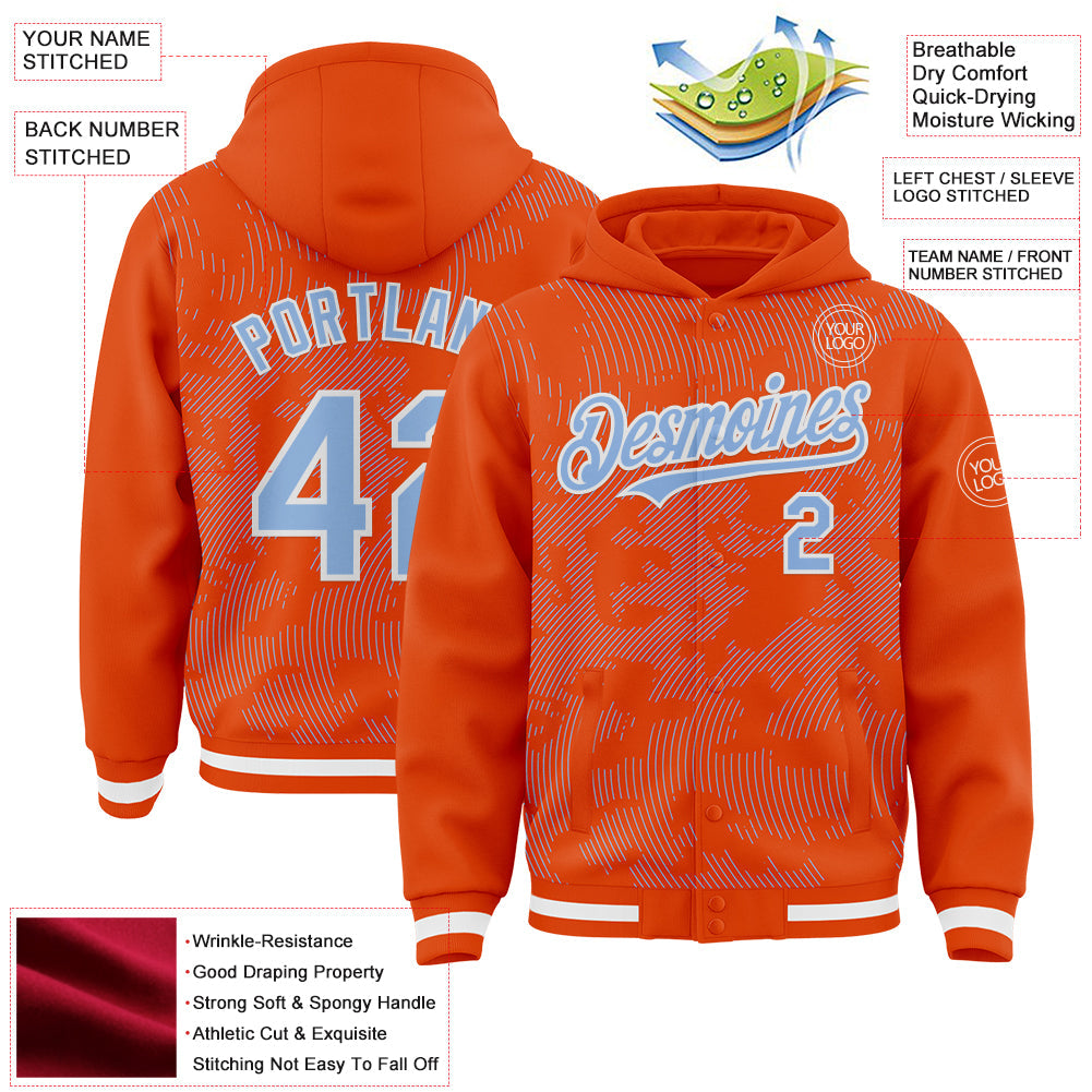 Custom Orange Light Blue-White Curve Lines Bomber Full-Snap Varsity Letterman Hoodie Jacket view 4