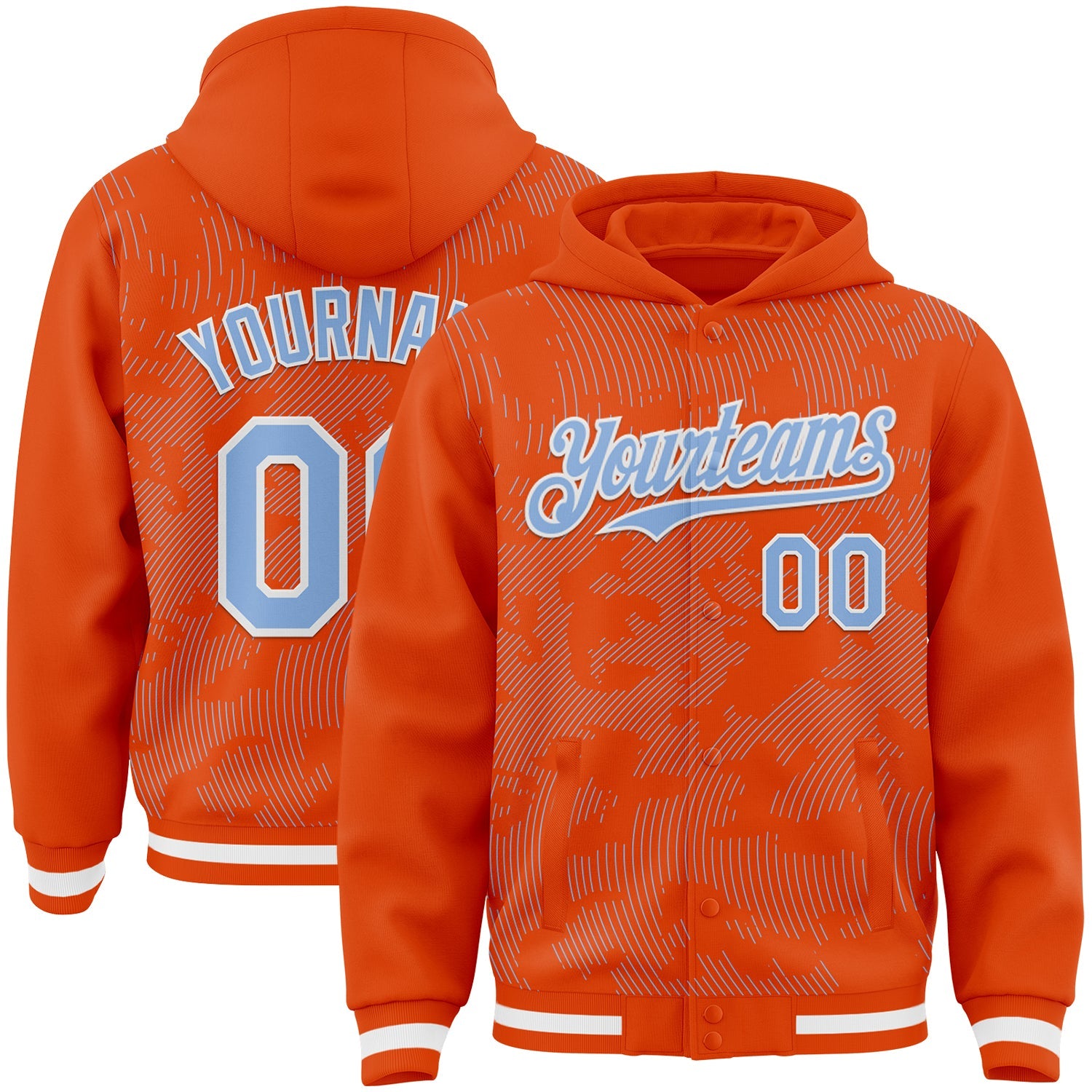 Custom Orange Light Blue-White Curve Lines Bomber Full-Snap Varsity Letterman Hoodie Jacket - Main View
