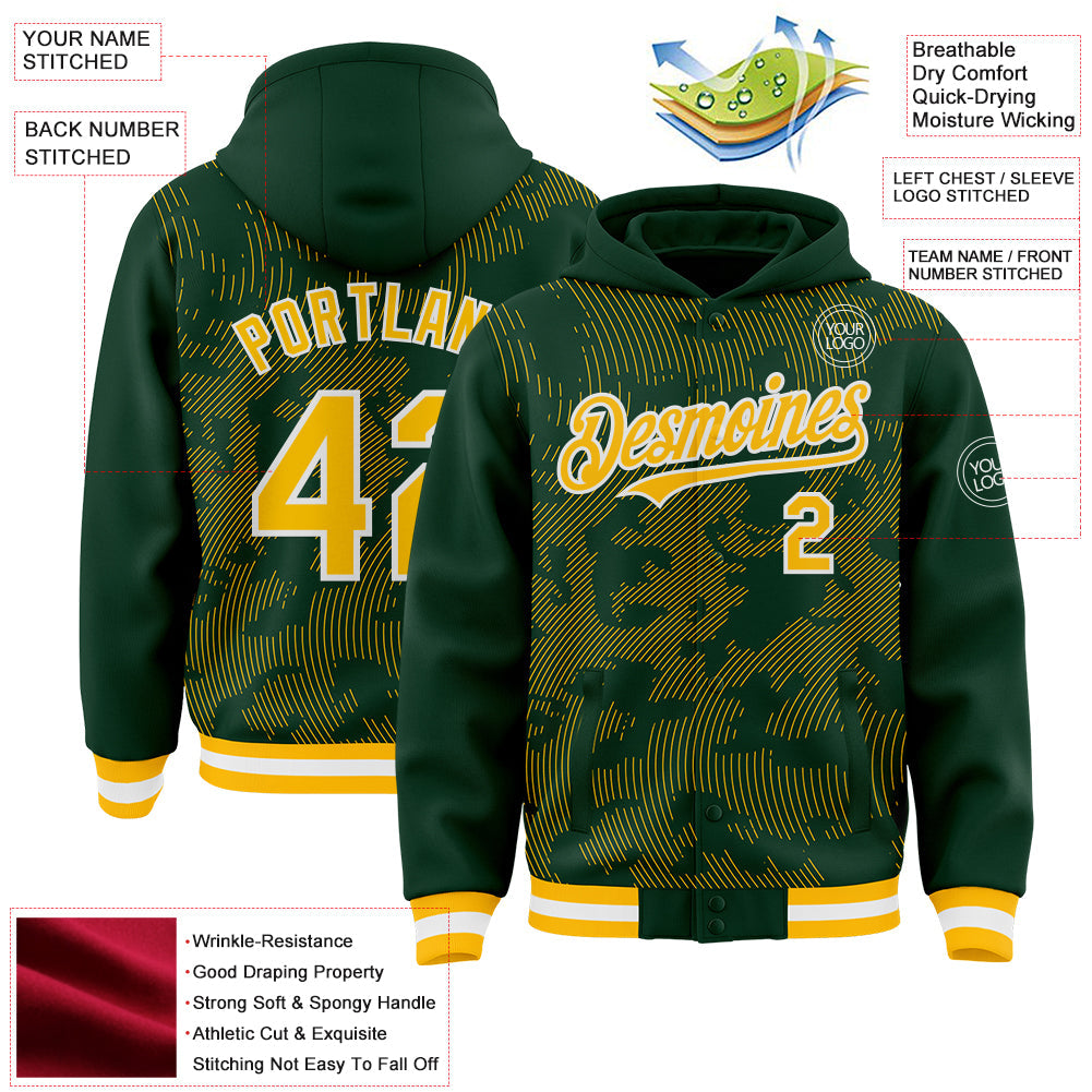 Custom Green Gold-White Curve Lines Bomber Full-Snap Varsity Letterman Hoodie Jacket view 4