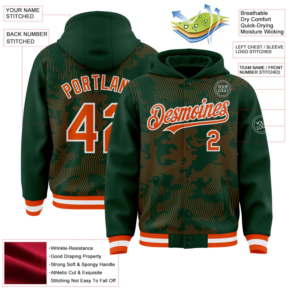 Custom Green Orange-White Curve Lines Bomber Full-Snap Varsity Letterman Hoodie Jacket view 4