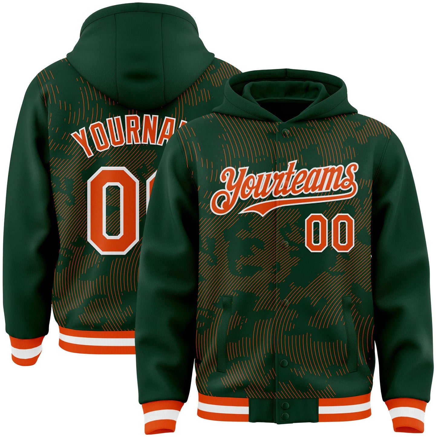 Custom Green Orange-White Curve Lines Bomber Full-Snap Varsity Letterman Hoodie Jacket - Main View