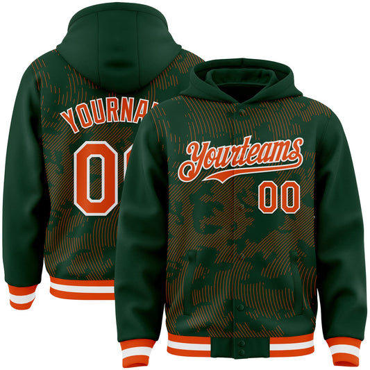 Custom Green Orange-White Curve Lines Bomber Full-Snap Varsity Letterman Hoodie Jacket - Main View