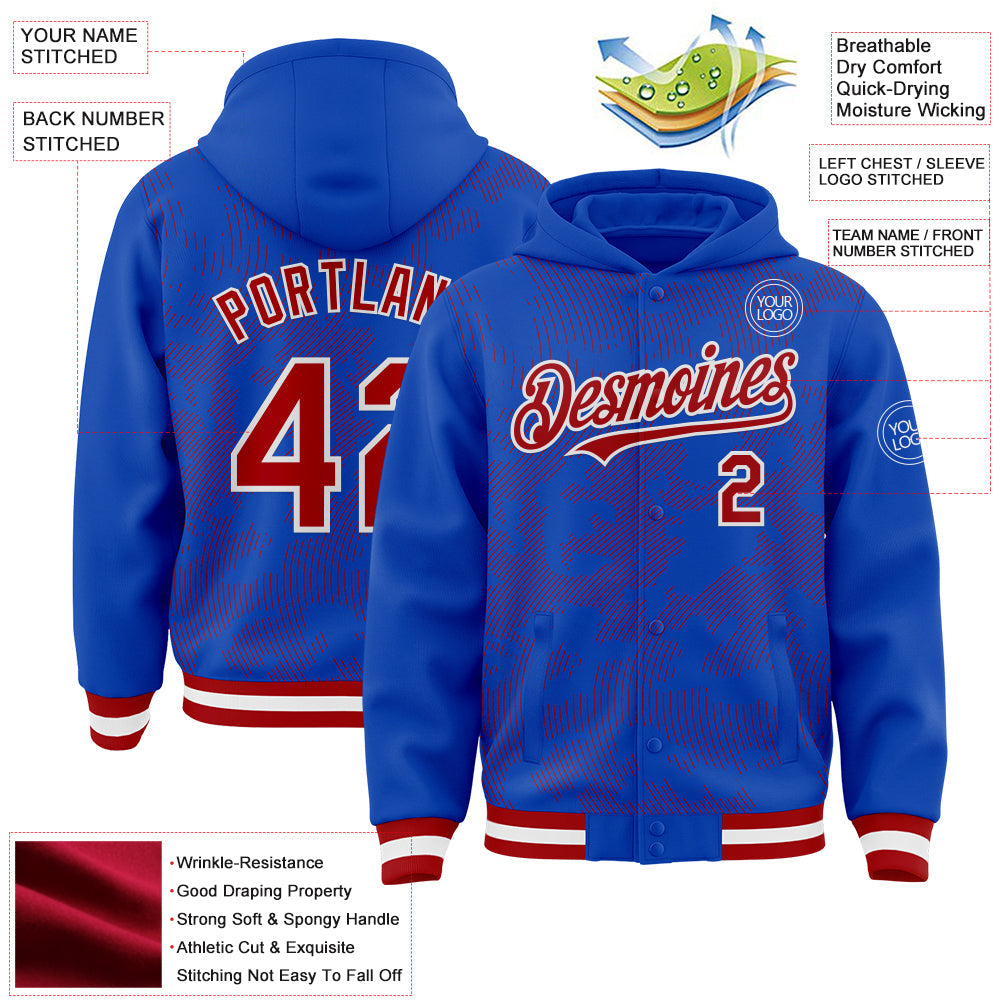 Custom Thunder Blue Red-White Curve Lines Bomber Full-Snap Varsity Letterman Hoodie Jacket view 4