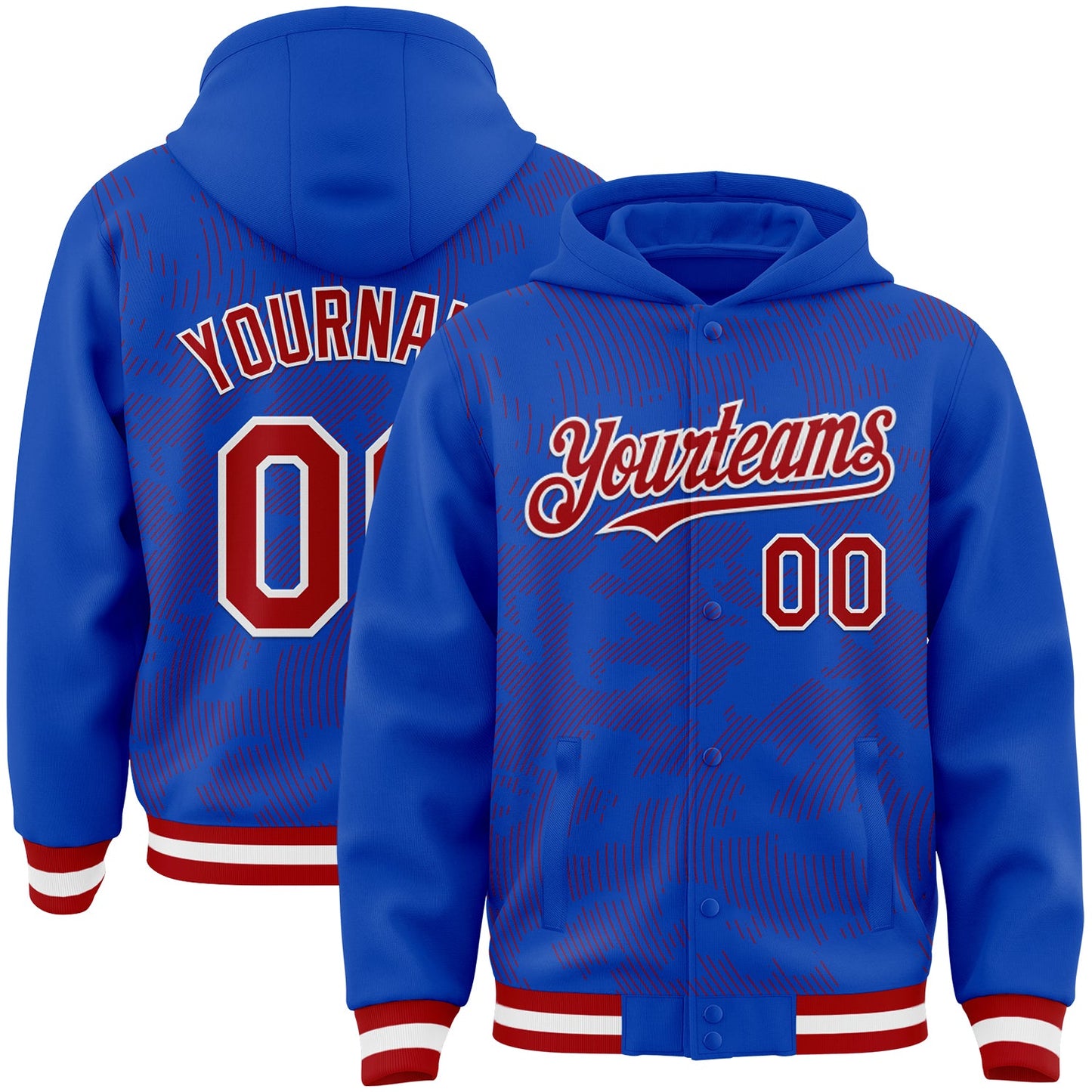 Custom Thunder Blue Red-White Curve Lines Bomber Full-Snap Varsity Letterman Hoodie Jacket - Main View