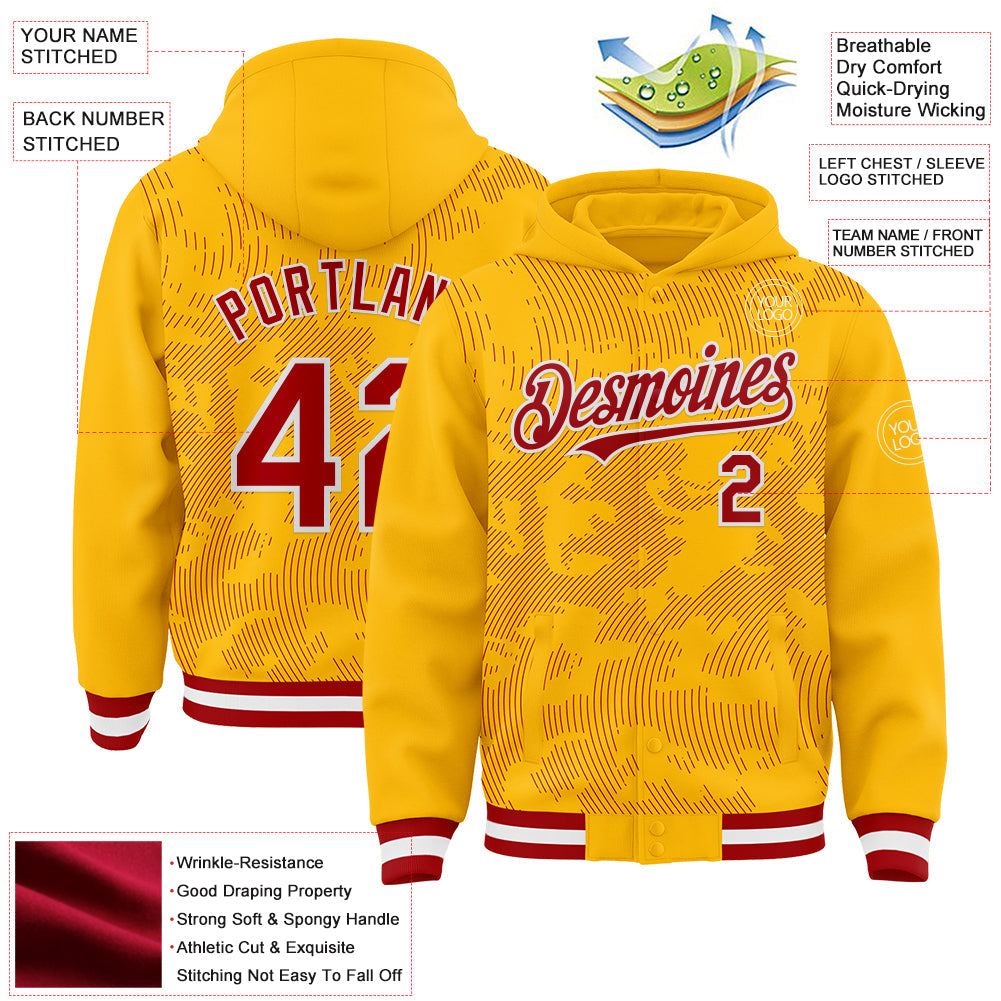 Custom Gold Red-White Curve Lines Bomber Full-Snap Varsity Letterman Hoodie Jacket view 4