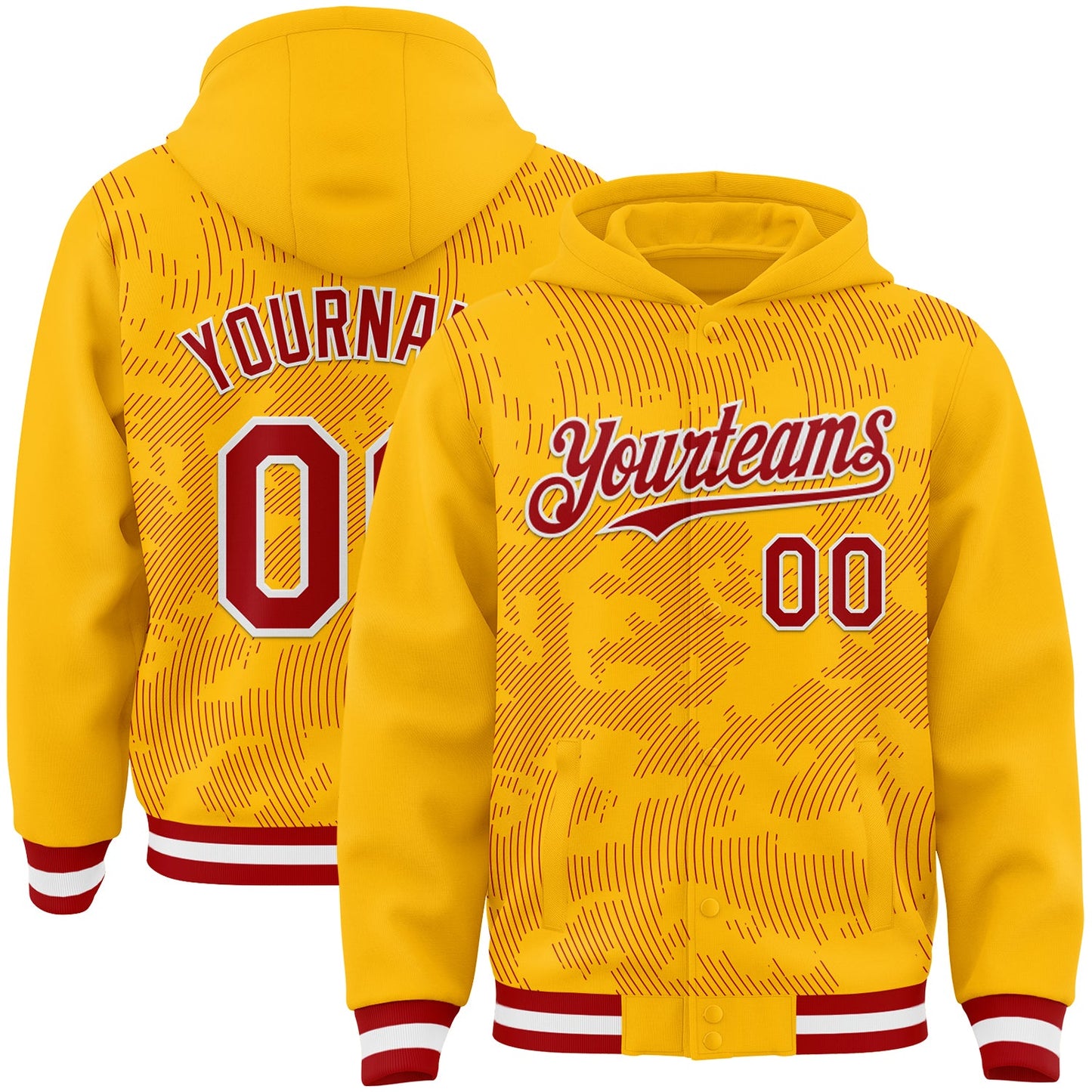 Custom Gold Red-White Curve Lines Bomber Full-Snap Varsity Letterman Hoodie Jacket - Main View