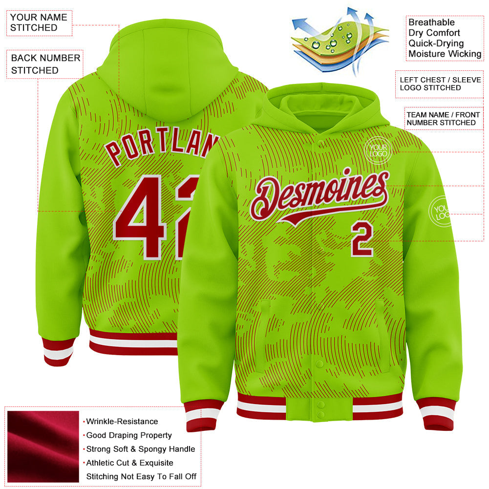 Custom Neon Green Red-White Curve Lines Bomber Full-Snap Varsity Letterman Hoodie Jacket view 4