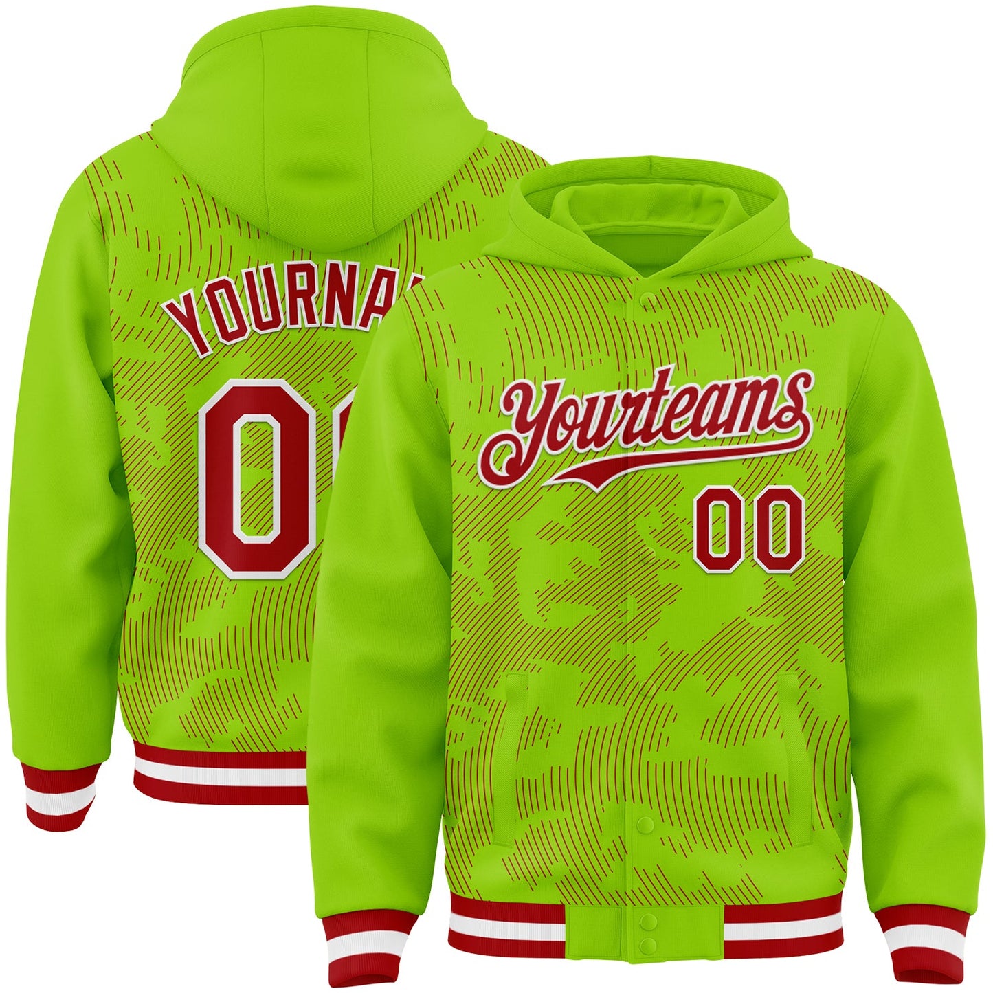 Custom Neon Green Red-White Curve Lines Bomber Full-Snap Varsity Letterman Hoodie Jacket - Main View