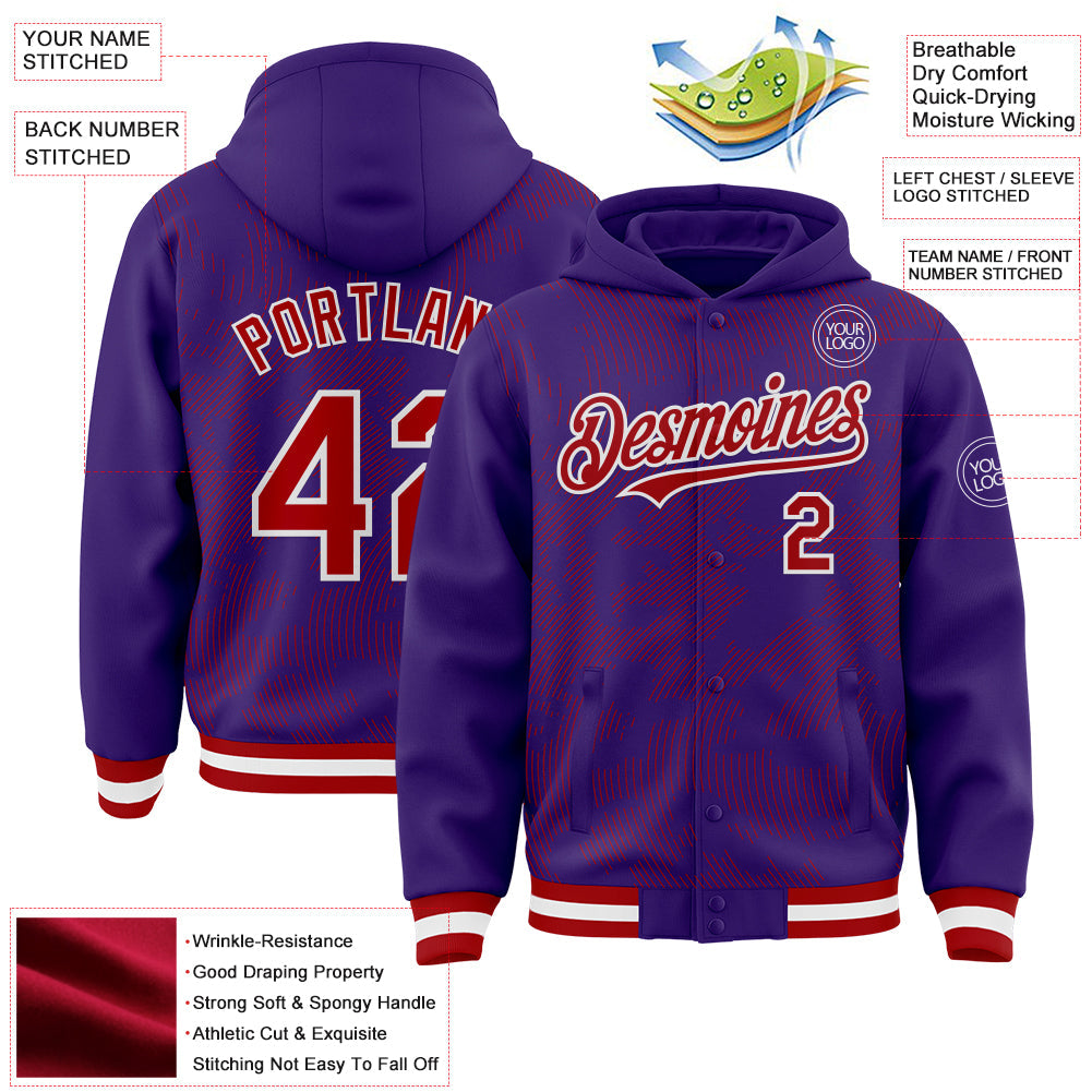 Custom Purple Red-White Curve Lines Bomber Full-Snap Varsity Letterman Hoodie Jacket view 4