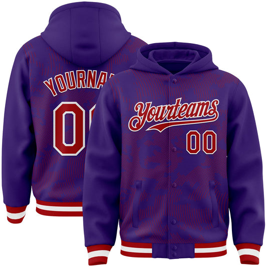 Custom Purple Red-White Curve Lines Bomber Full-Snap Varsity Letterman Hoodie Jacket - Main View