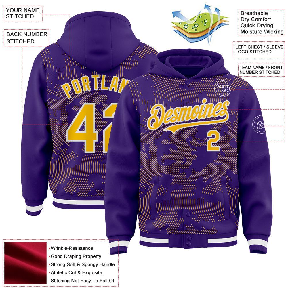 Custom Purple Gold-White Curve Lines Bomber Full-Snap Varsity Letterman Hoodie Jacket view 4