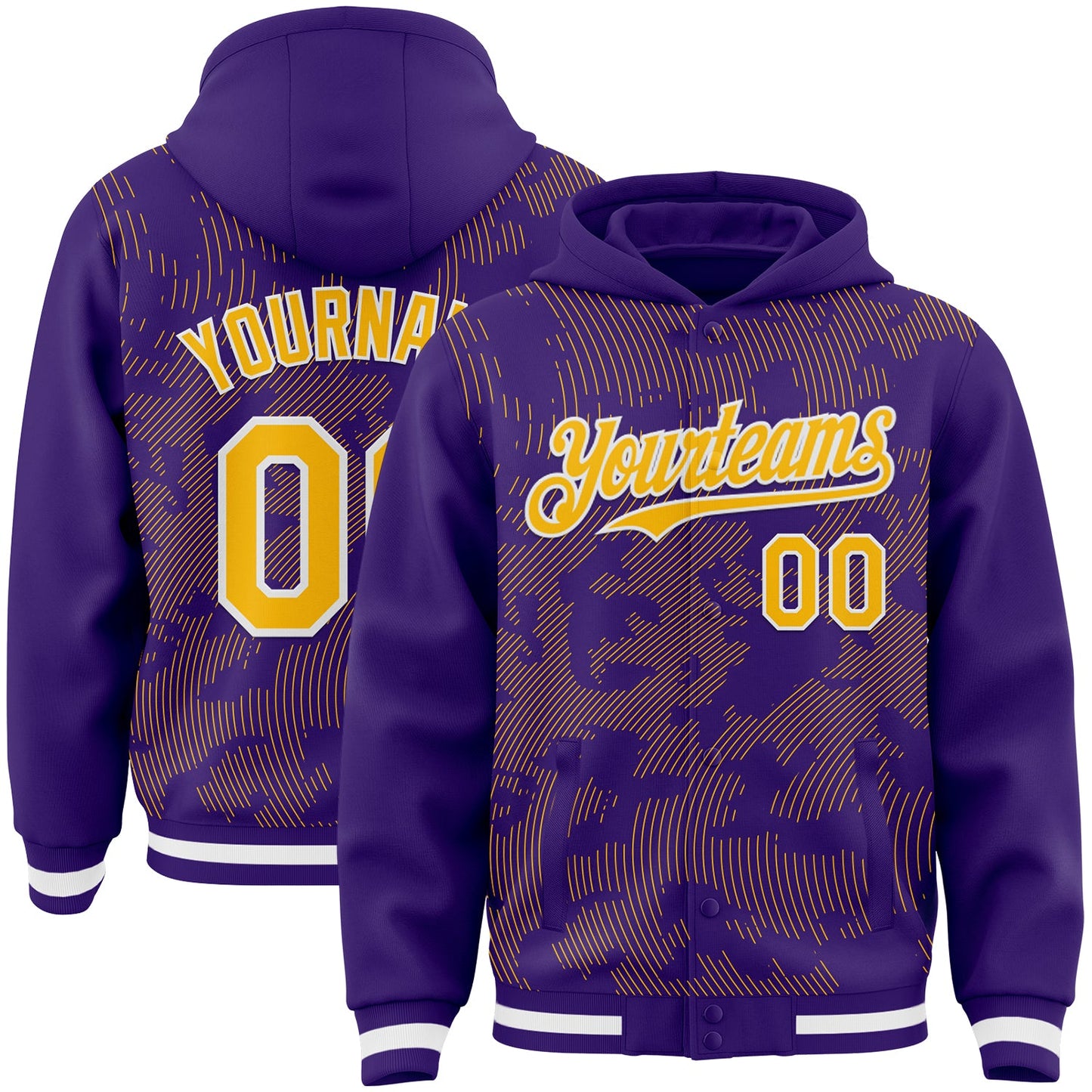 Custom Purple Gold-White Curve Lines Bomber Full-Snap Varsity Letterman Hoodie Jacket - Main View