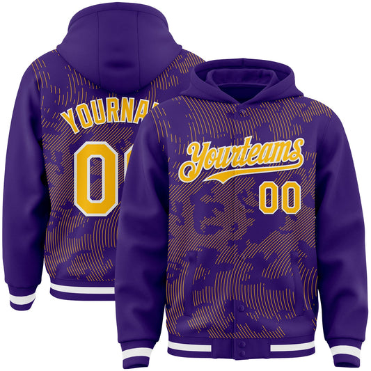 Custom Purple Gold-White Curve Lines Bomber Full-Snap Varsity Letterman Hoodie Jacket - Main View