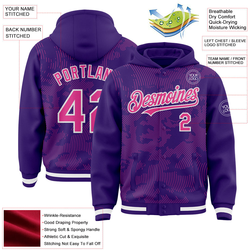 Custom Purple Pink-White Curve Lines Bomber Full-Snap Varsity Letterman Hoodie Jacket view 4