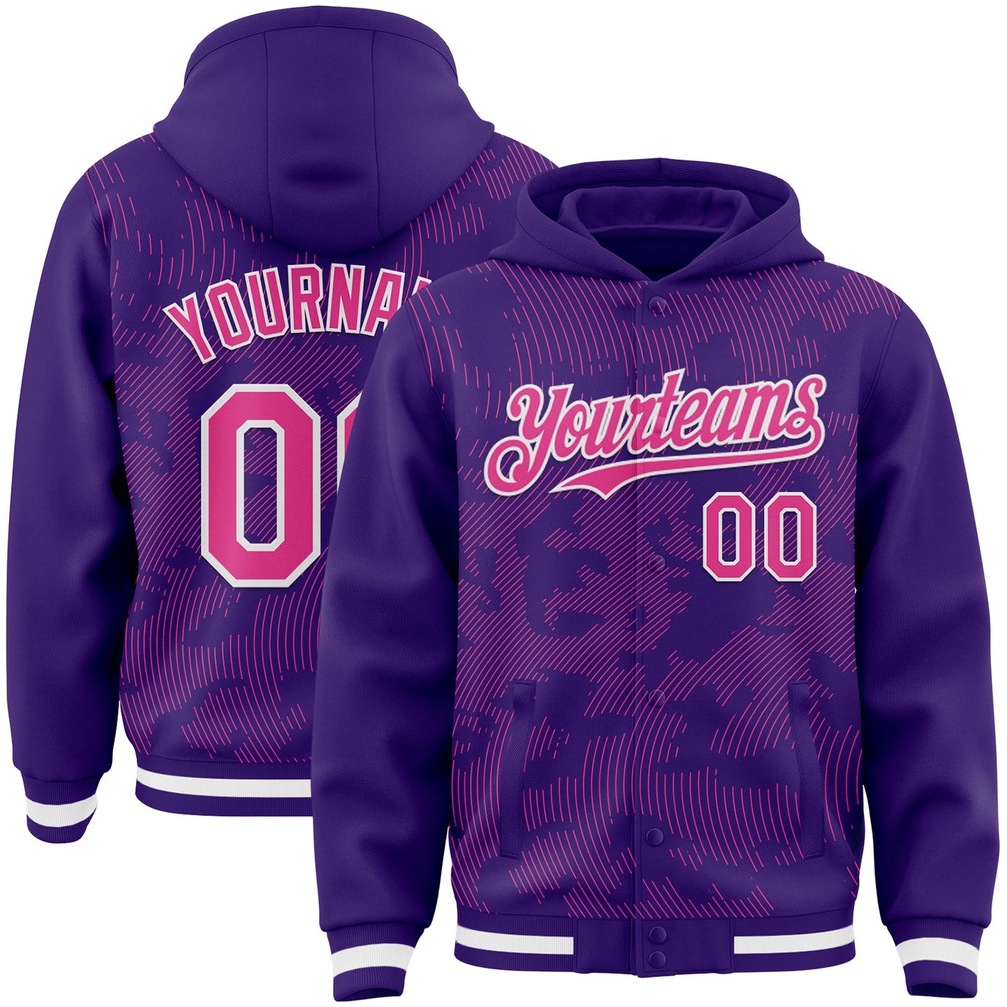 Custom Purple Pink-White Curve Lines Bomber Full-Snap Varsity Letterman Hoodie Jacket - Main View