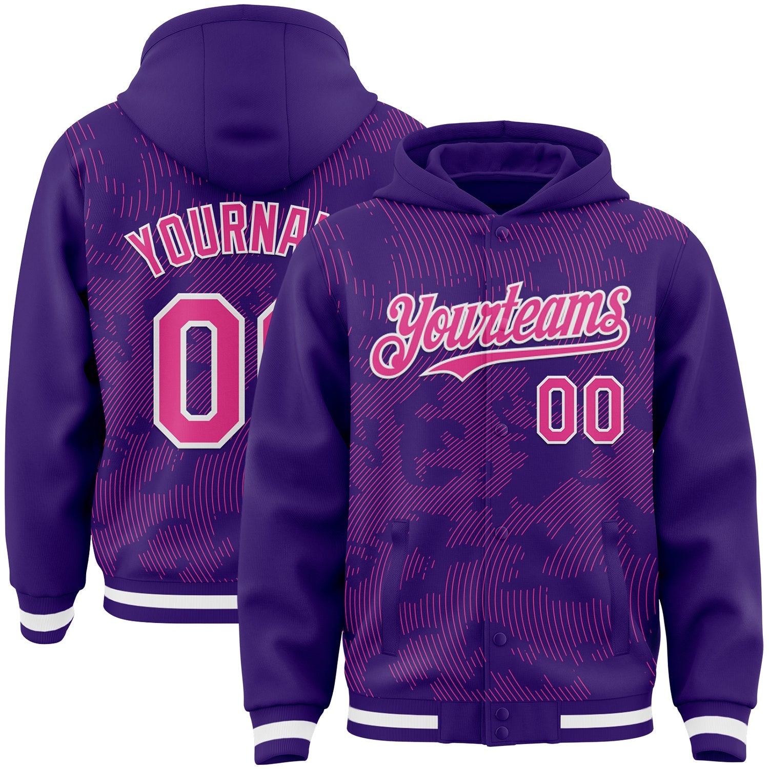 Custom Purple Pink-White Curve Lines Bomber Full-Snap Varsity Letterman Hoodie Jacket - Main View