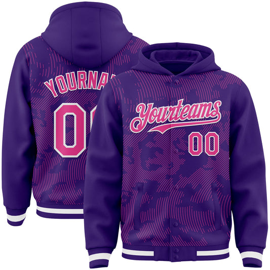 Custom Purple Pink-White Curve Lines Bomber Full-Snap Varsity Letterman Hoodie Jacket - Main View